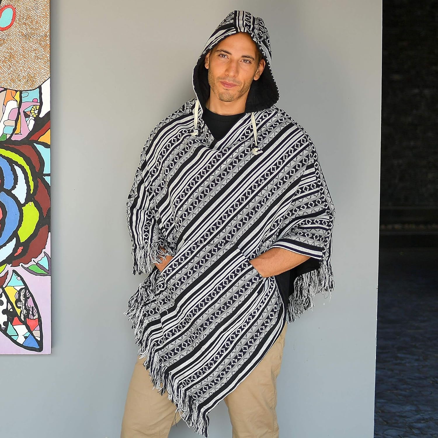 - Mens Poncho Hooded | 100% Cotton & Reversible | Mexican Poncho Men Baja Hoodie Winter Pancho Warm Cape Cowboy